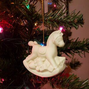 White Rocking Horse Ceramic Christmas Ornament